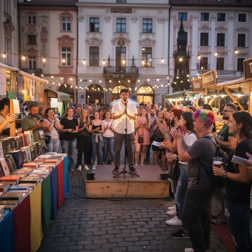 Autor podepisuje výtisky svých knih na literární akci.
