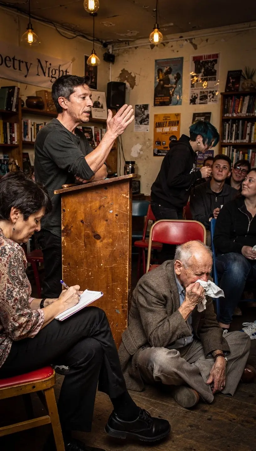 Umělecká fotografie básníka při recitaci svých veršů na jevišti.