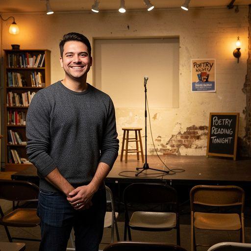 Knihovna s policemi plnými nových literárních děl a časopisů o poezii.