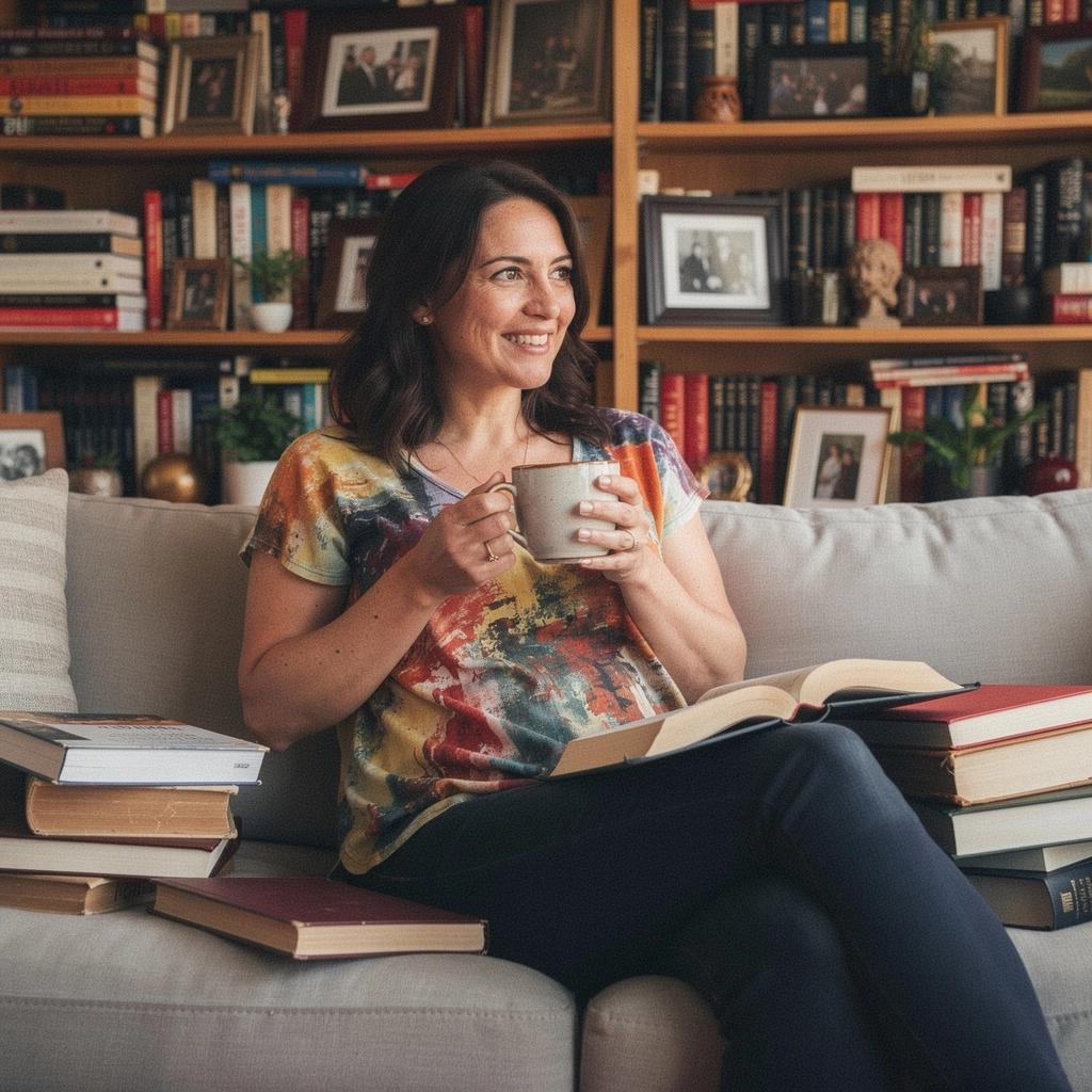 Portrét spisovatele při práci, obklopeného inspirativními objekty a knihami.